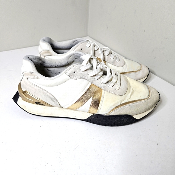 Lacoste Men's L-Spin Deluxe Sneakers Leather Canvas White Gold 12 - Picture 1 of 8